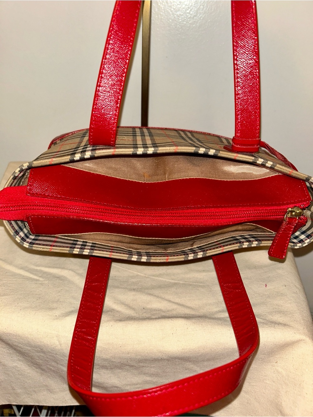 Burberry. Haymarket Check Canvas Tote Bag featuring vibrant red leather trim. - Picture 9 of 12
